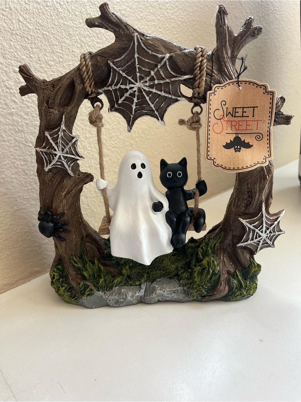 Sweet Street Halloween Ghost & Black Cat Swing Figurine with Spiders and Webs